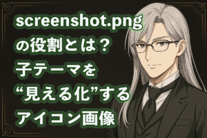 黒い背景に立つ眼鏡の銀髪執事ウィンのイラスト。子テーマ講座screenshot.png編のアイキャッチ画像。