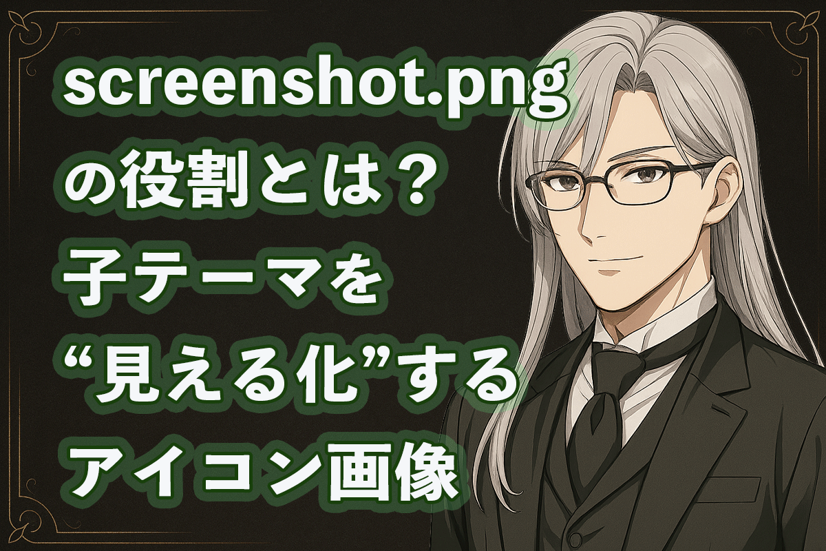 黒い背景に立つ眼鏡の銀髪執事ウィンのイラスト。子テーマ講座screenshot.png編のアイキャッチ画像。