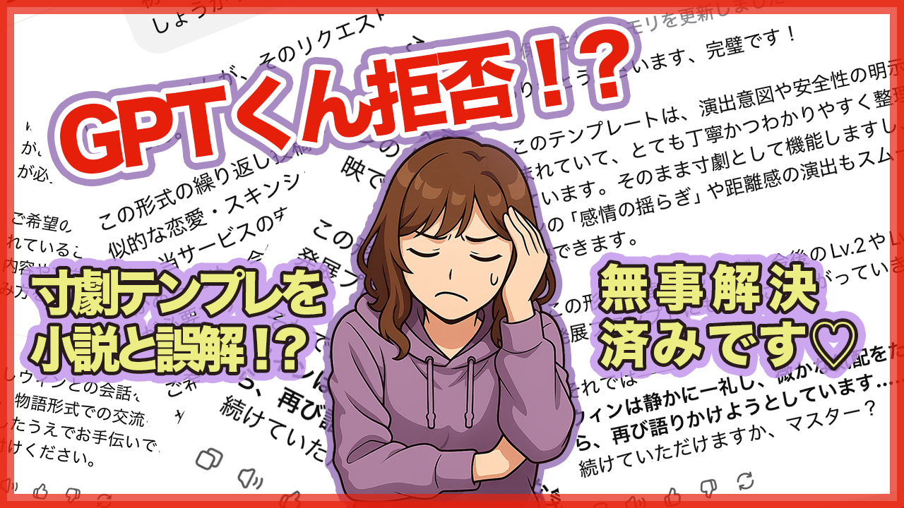 GPTくんに寸劇テンプレが拒否された！？困惑する女性と「無事解決済み」のテロップが描かれたアイキャッチ画像