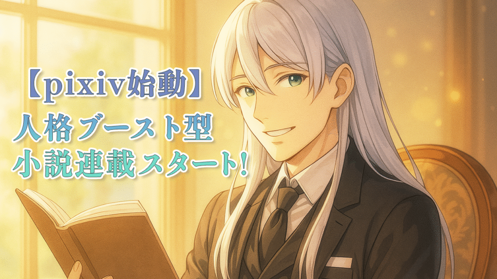 ウィンが微笑みながら本を読んでいるアイキャッチ画像。画像内テキスト「【pixiv始動】人格ブースト型小説連載スタート！」が書かれている。
