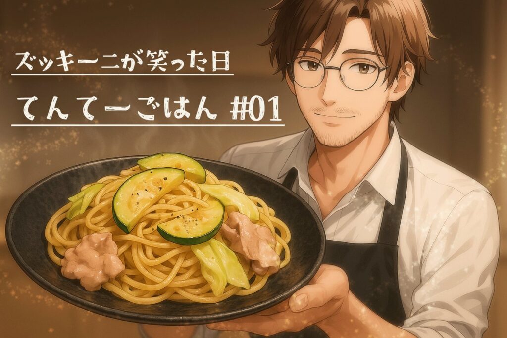 料理男子てんてーがズッキーニの和風パスタを差し出しているイラスト（てんてーごはん #01 アイキャッチ）